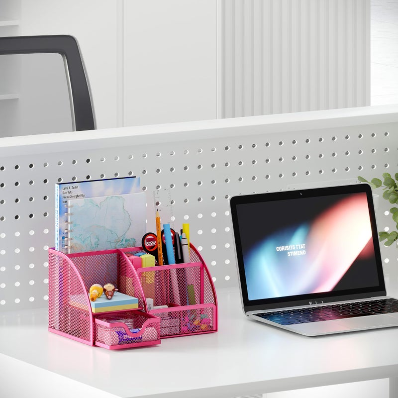 EasyPAG Mesh Desk Organizer with Drawer Multi-functional Pen Holder Stationery Organizer for Office School Supplies 6 Compartments Dorm Organizers and Storage for Desk, Hot Pink - Image 5